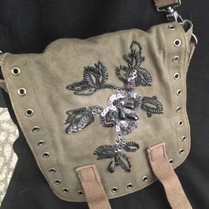 Beaded Sequinned Shabby Chic Khaki Shoulder Bag/Fannypack w/ Buckles, Lined